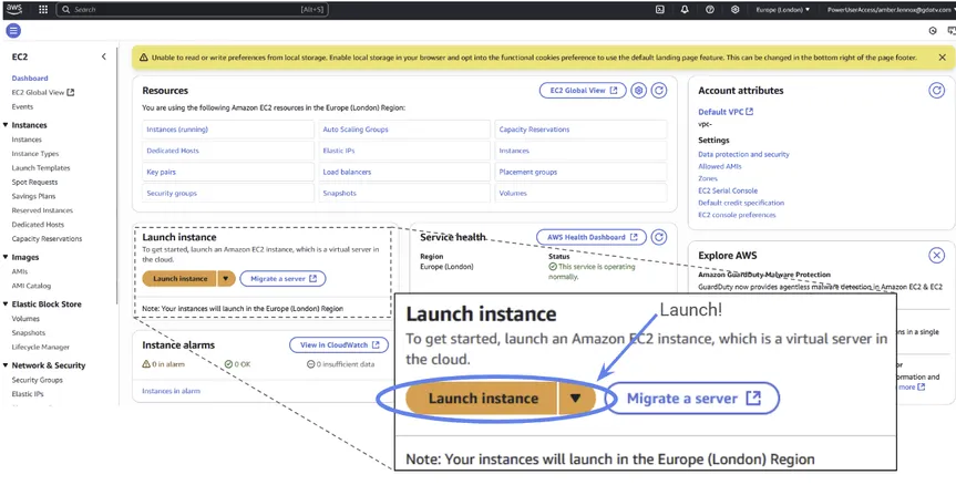 The EC2 instance summary panel with the Launch instance button