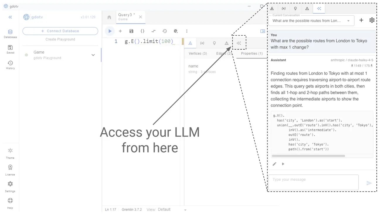 Access your LLM to write no-code queries directly within gdotv