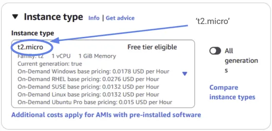 The EC2 instance type selector, set to t2.micro