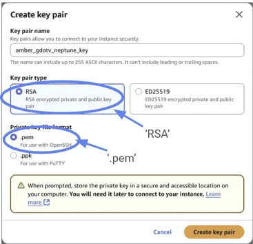 The EC2 key pair dialog, with RSA and .pem selected