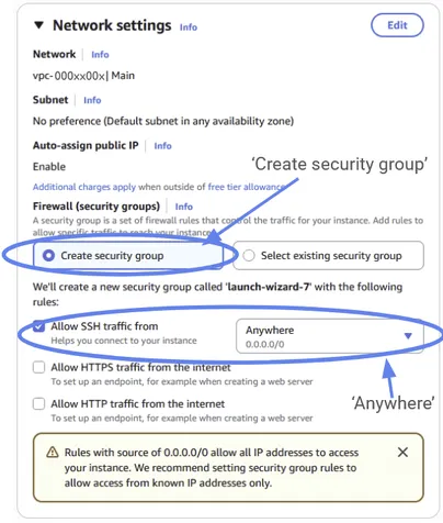 The EC2 network settings, creating a security group that allows SSH from anywhere