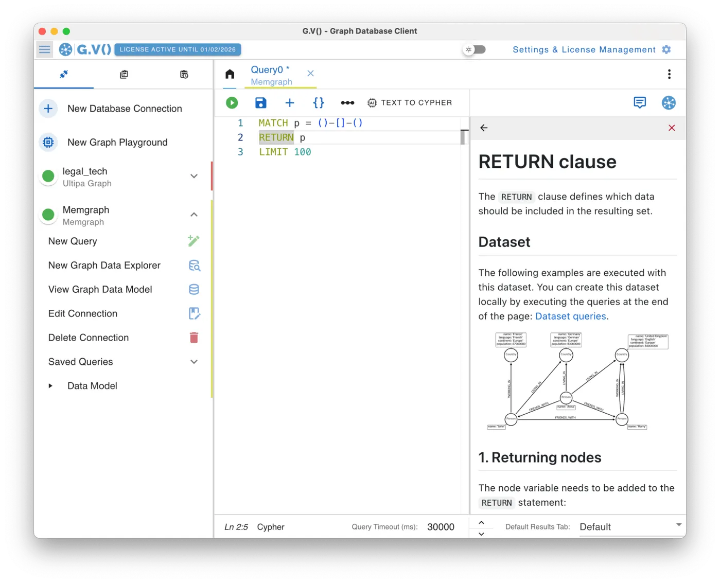 The gdotv query editor displaying Cypher documentation based on the Cypher query portion that is highlighted
