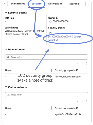 Nagivate down to the security tab and make a note of the security group ID. Then click on it.