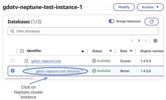 Navigate to your Neptune clusters console and click on your cluster instance.