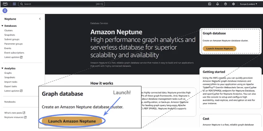 The AWS console home page, with the Launch Amazon Neptune button