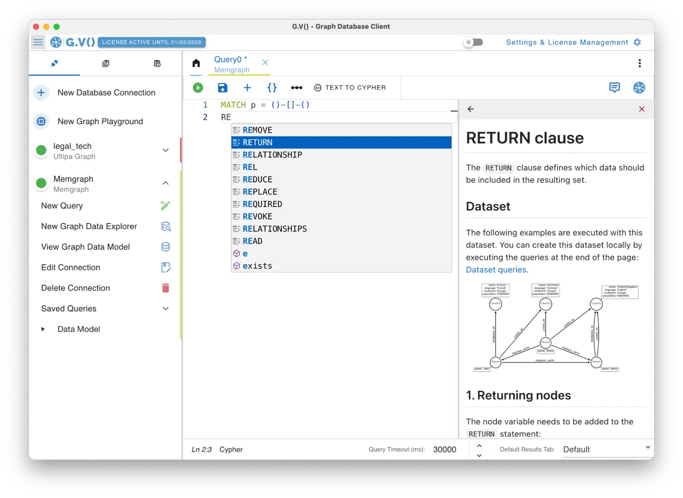 The gdotv query editor making autocomplete suggestions for Cypher with inline Cypher documentation displayed