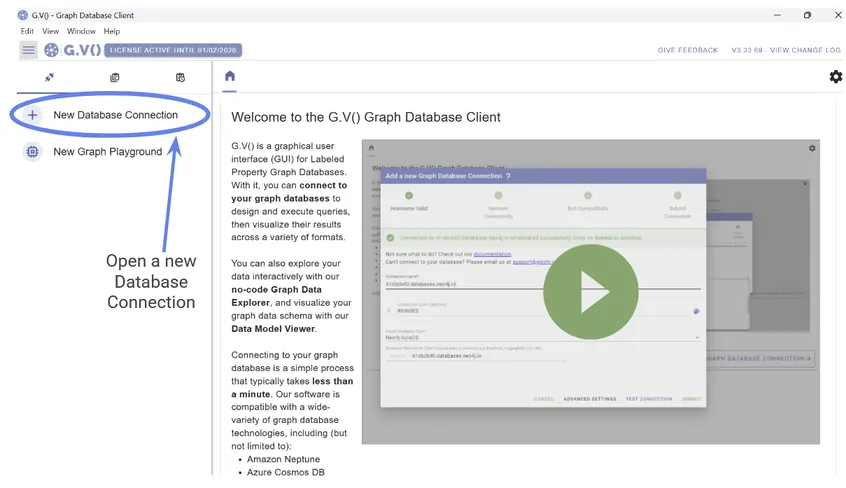 Open a new database connection from inside gdotv.