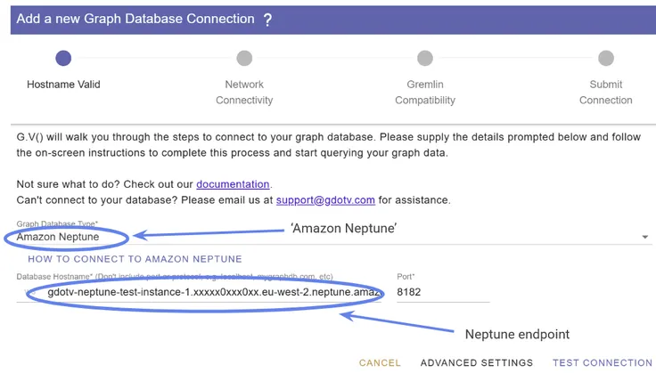 The gdotv connection dialog, with Amazon Neptune chosen as the database type