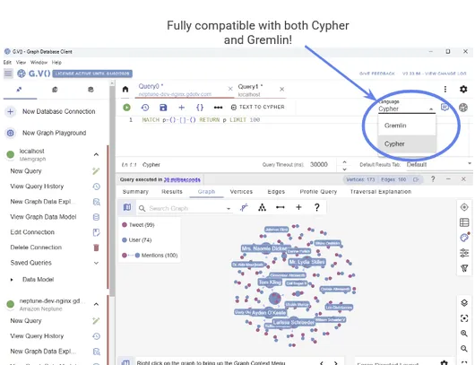 gdotv is fully compatible with both Cypher and Gremlin.