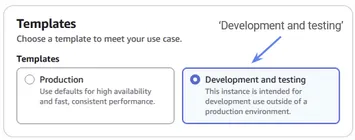 The Neptune database creation form, with Development and testing among the template options