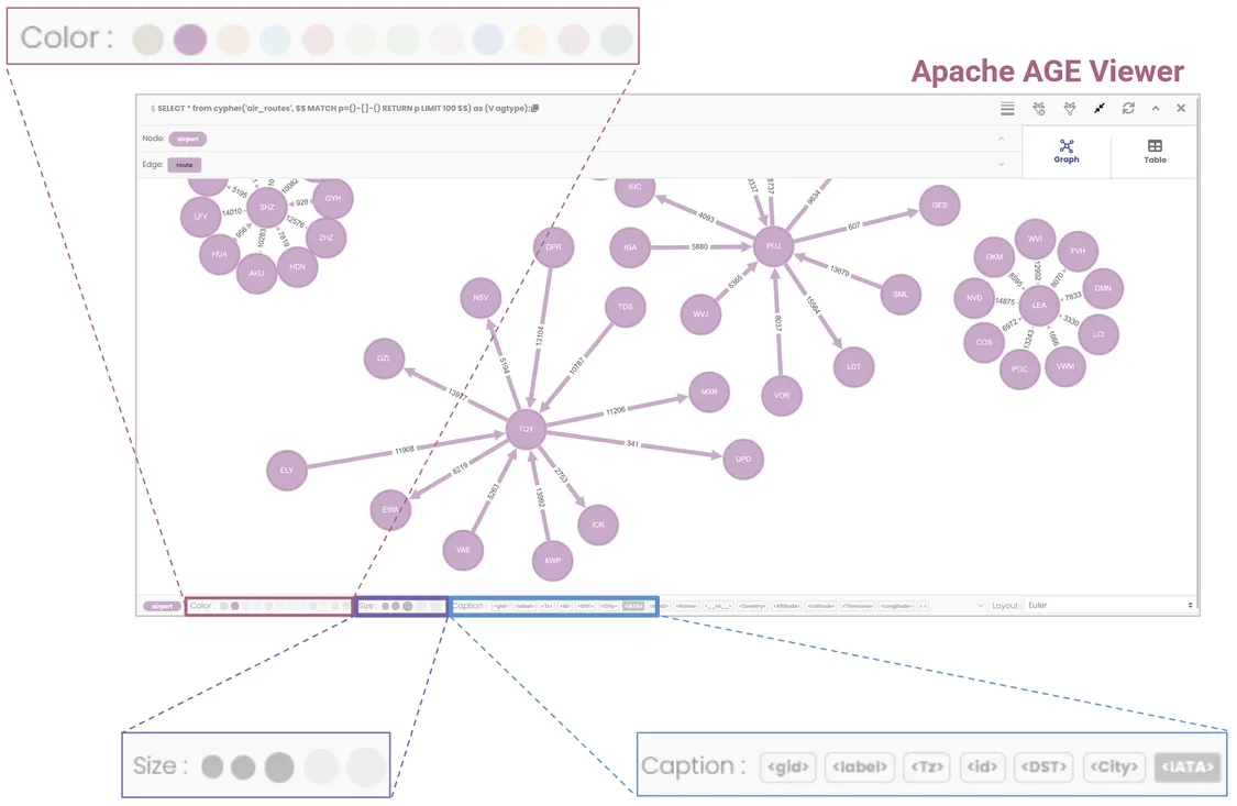 In Apache AGE Viewer, you can customize your nodes and edges by selecting from a fixed list of available options.