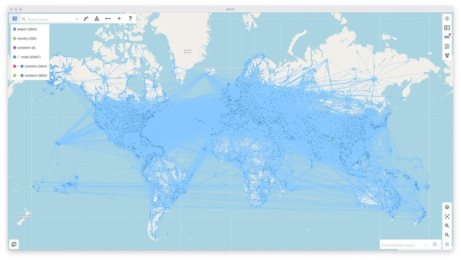 A geospatial data visualization of the Air Routes dataset in gdotv