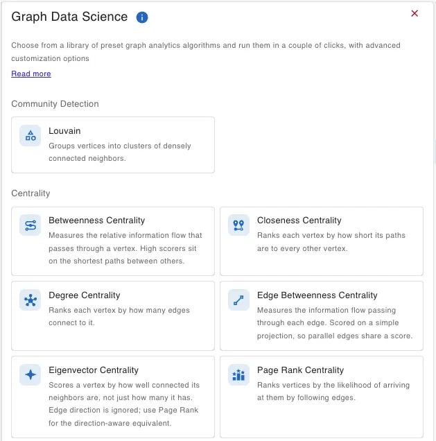 The Graph Data Science panel’s algorithm picker