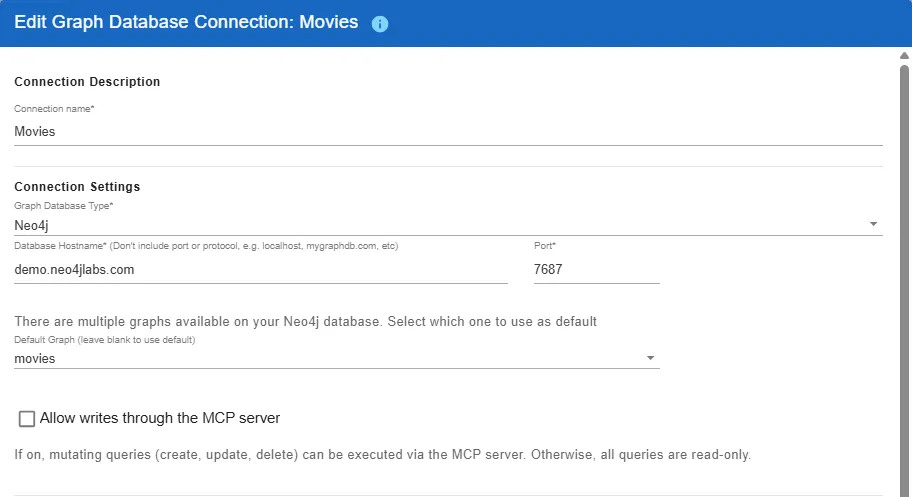 The Edit Graph Database Connection dialog, with the Allow writes through the MCP server checkbox switched off