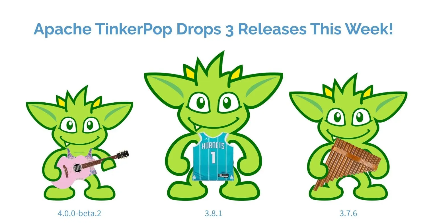 Three lime-green goblin characters each with a musical instrument: pink guitar, basketball jersey, and pan flute; release numbers shown below each. Banner reads ‘Apache TinkerPop Drops 3 Releases This Week!’