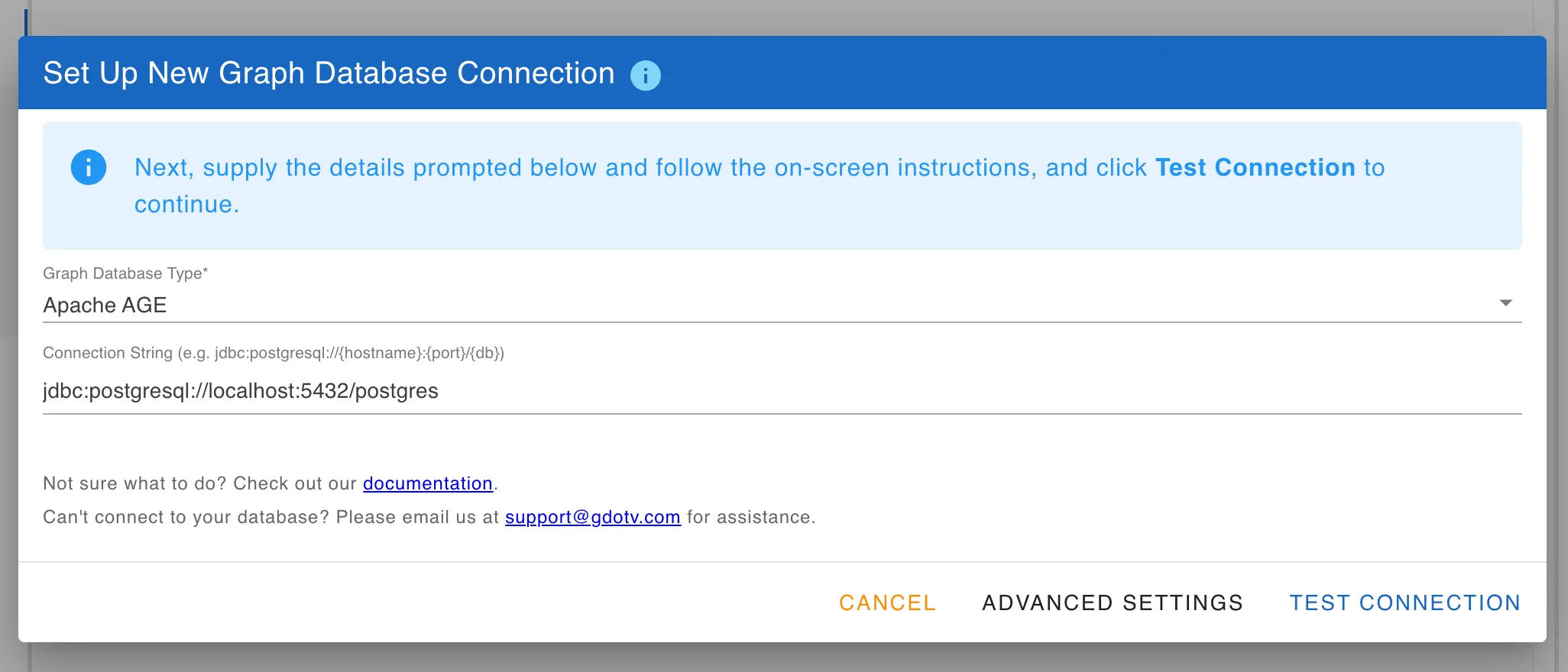 New connection dialog in gdotv with Apache AGE selected and the JDBC connection string field visible