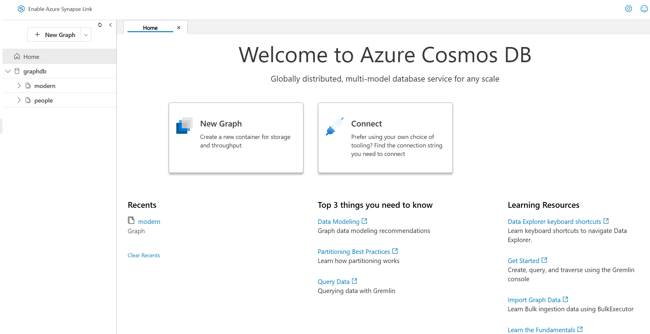 When using Data Explorer, you’ll be welcome with this hub screen from which you can query Cosmos DB data