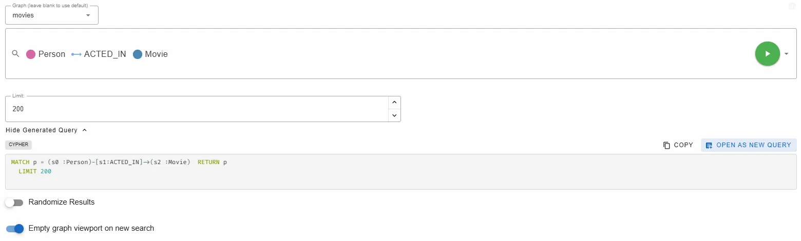 The Data Explorer with the path Person, ACTED_IN, Movie and its generated Cypher query shown under the Limit field