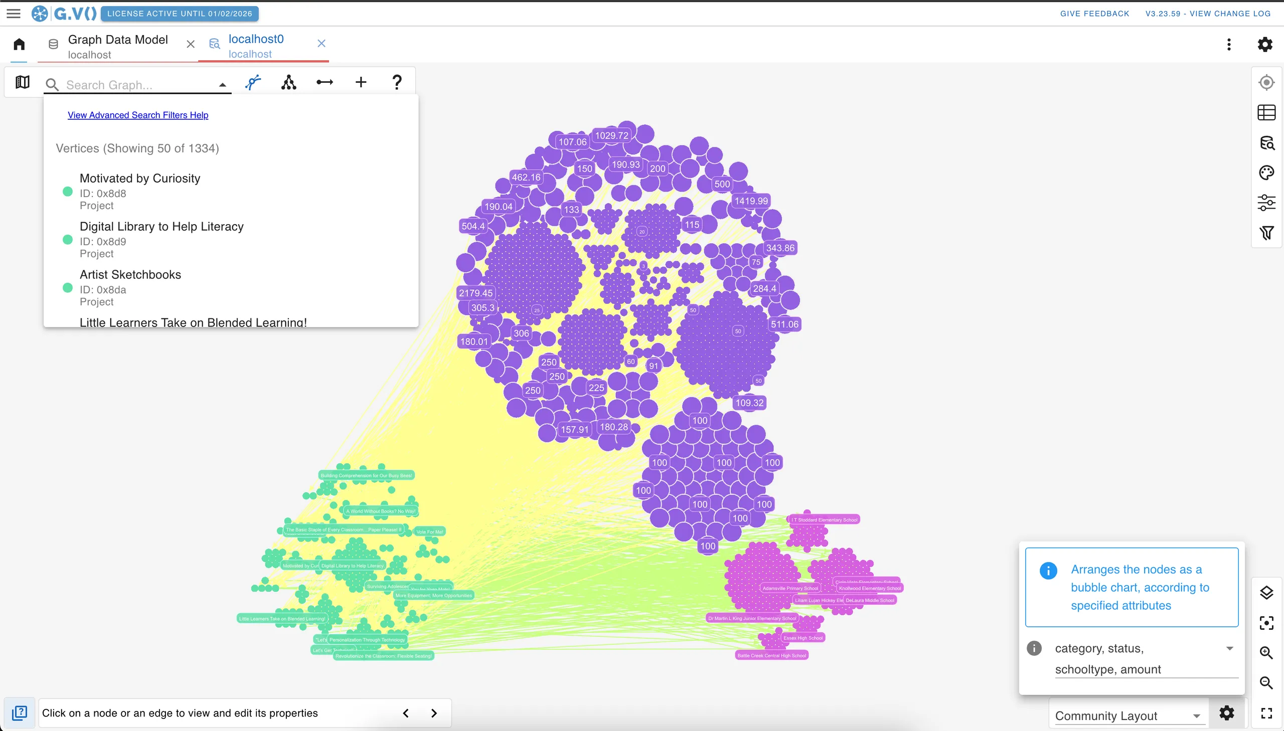 A large graph visualization with vertices organized into clusters based on property values