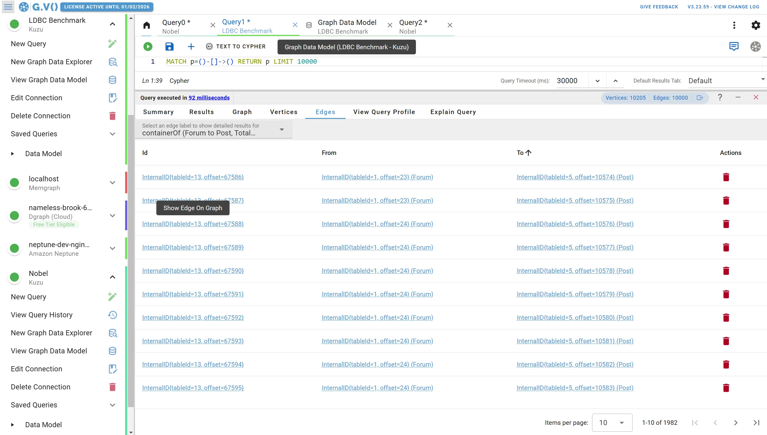 View and compare Kuzu edge information using gdotv’s table view