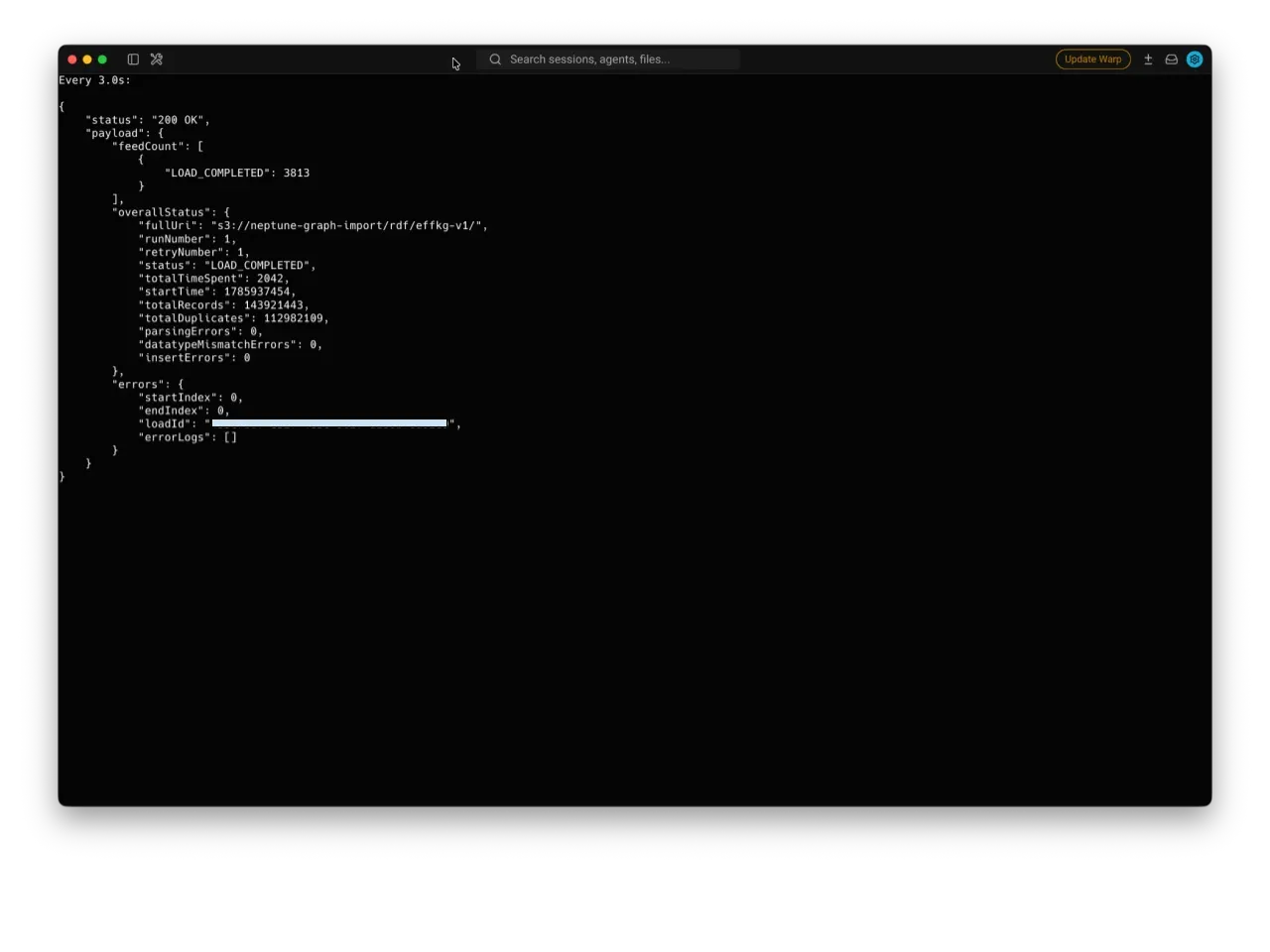 Read the AWS Neptune bulk loader status reporting a completed EFFKG knowledge graph load