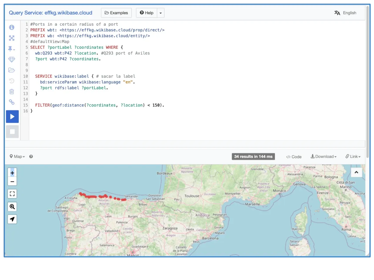 Map fishing ports within 150 km of Aviles using the EFFKG Query Service geospatial view