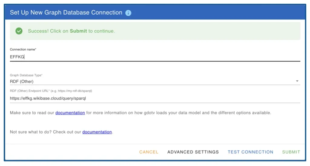 Configure the gdotv RDF connection to reach the public EFFKG SPARQL endpoint with /sparql appended
