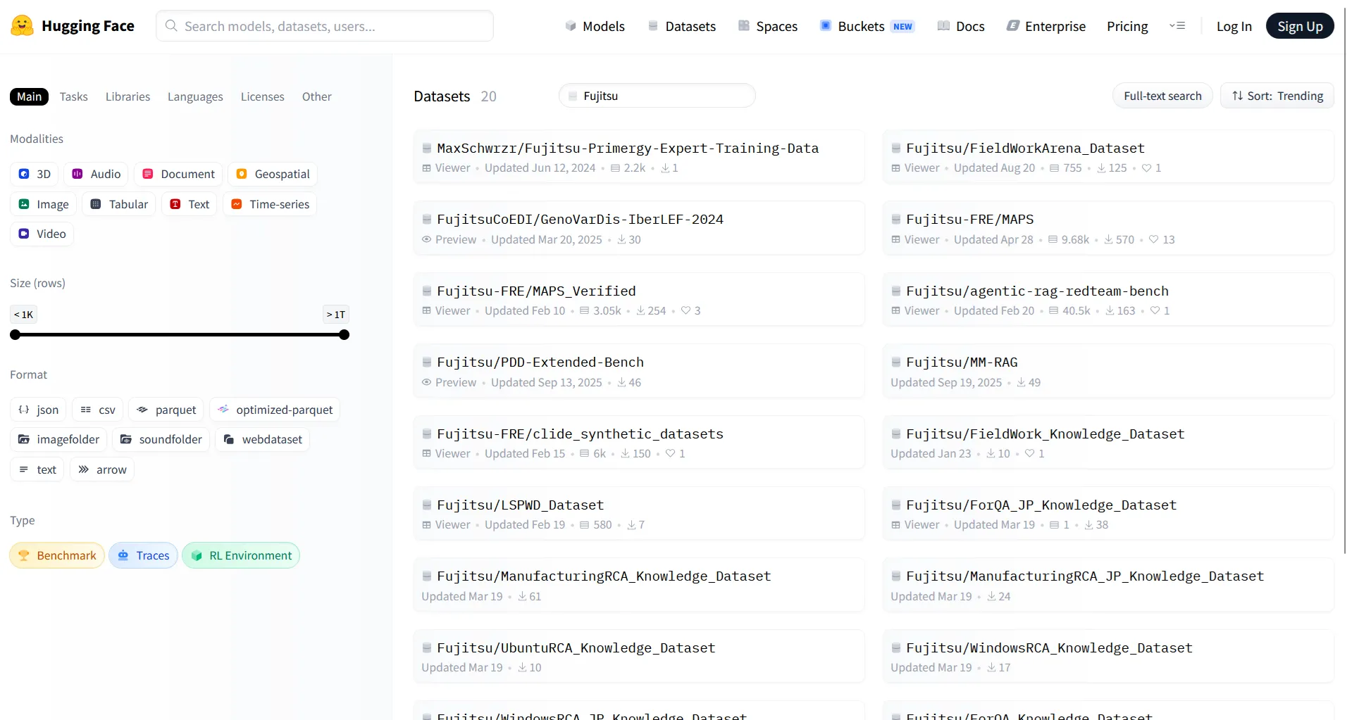 The result of a search for ‘Fujitsu’ on Hugging Face.