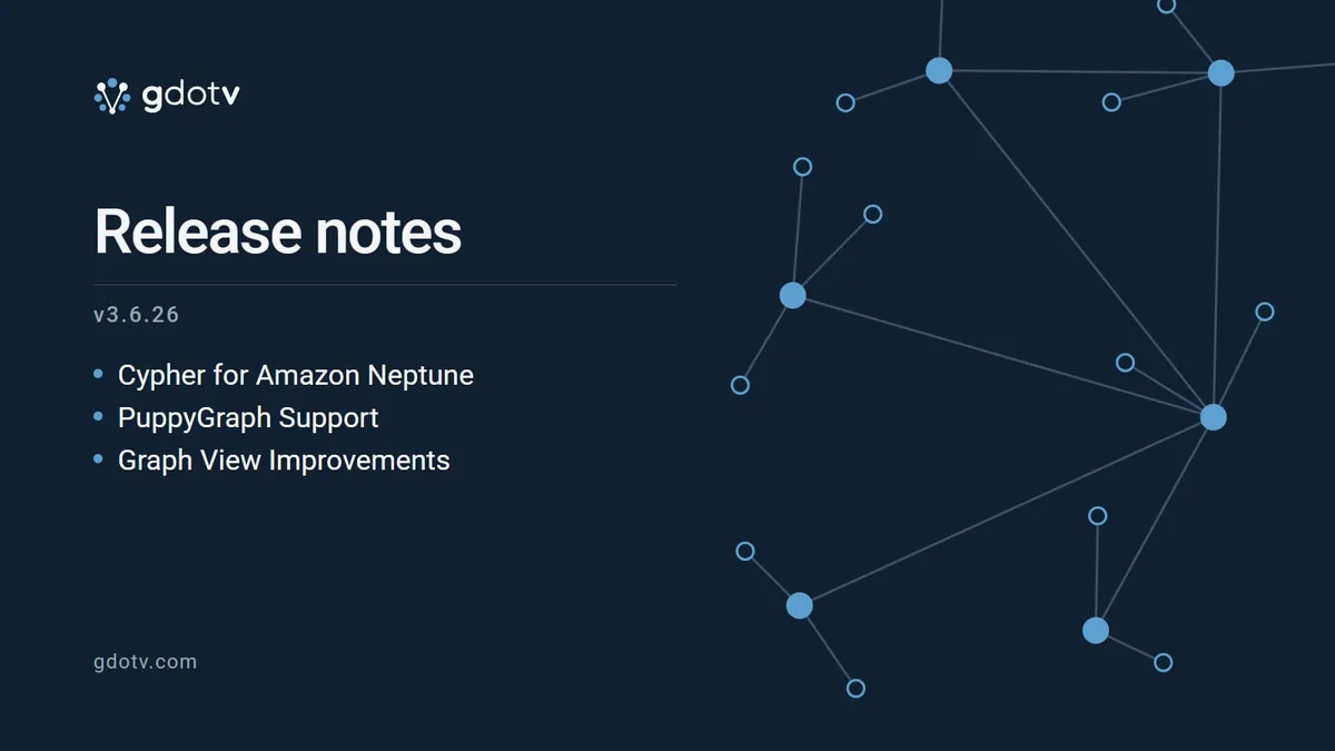 gdotv release notes v3.6.26: Cypher for Amazon Neptune, PuppyGraph Support, Graph View Improvements