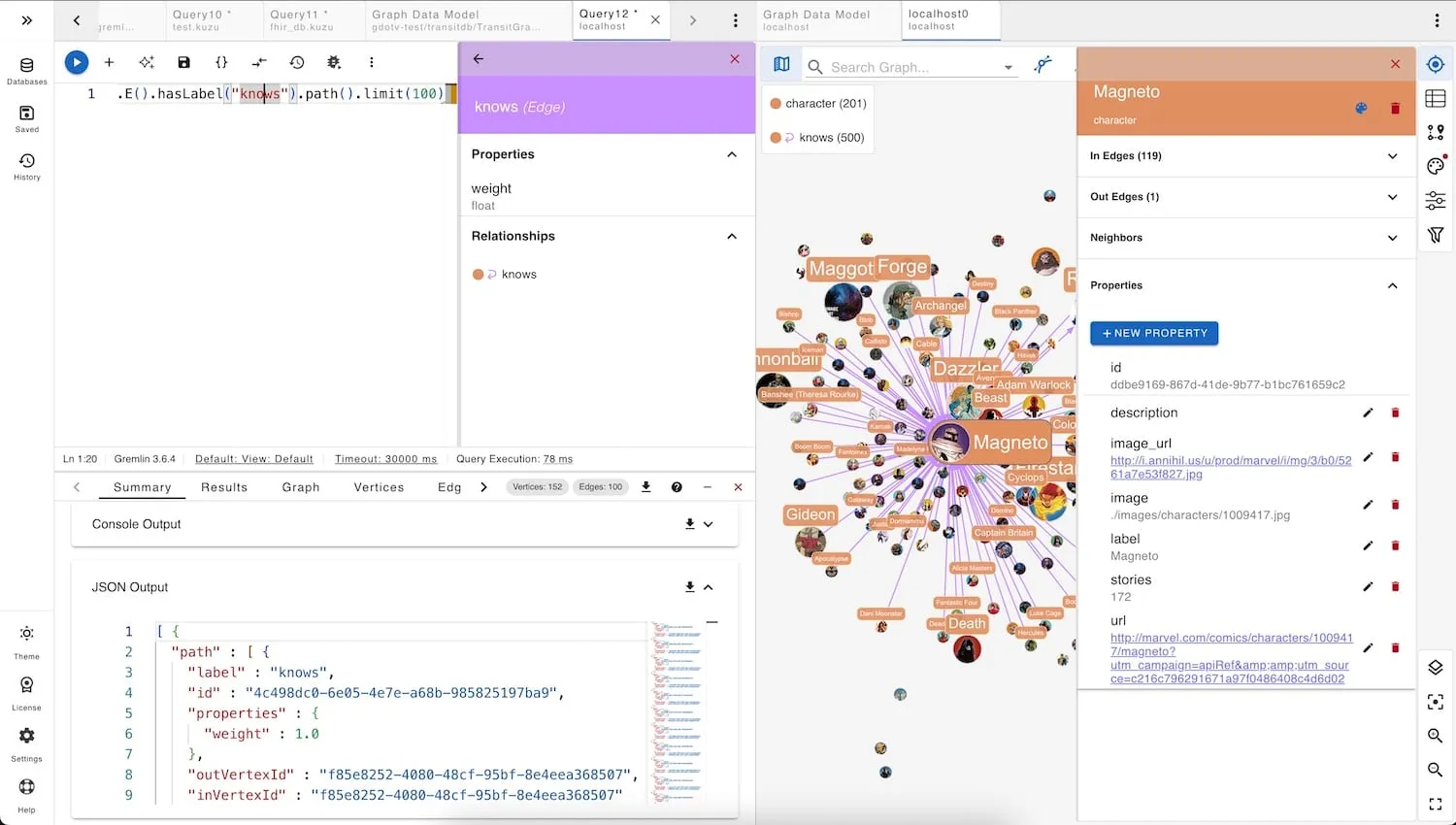 Database query results and graph editing capabilities in gdotv