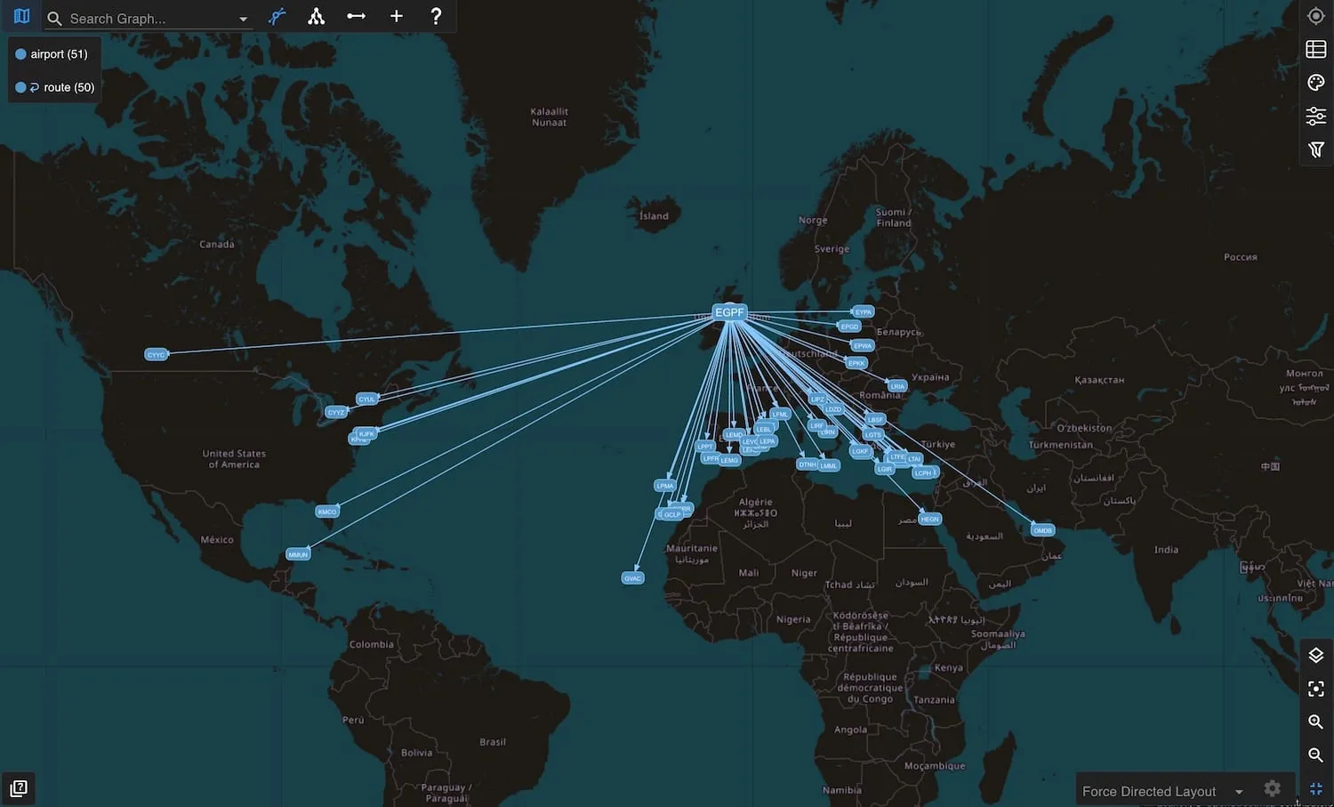 Geographic map view using graph visualization in gdotv