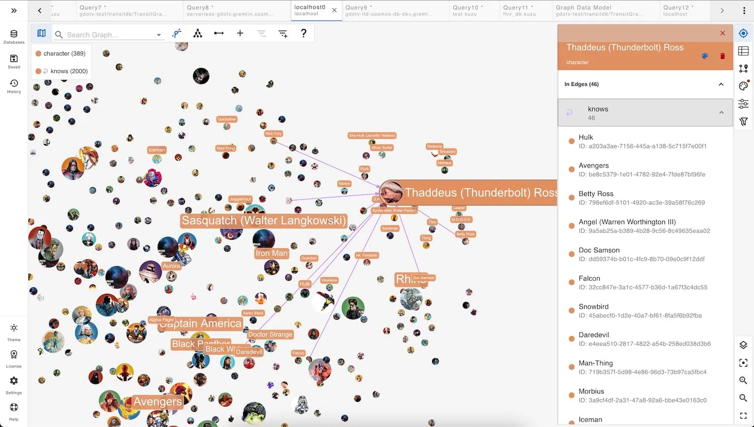 A Marvel universe graph visualization in gdotv