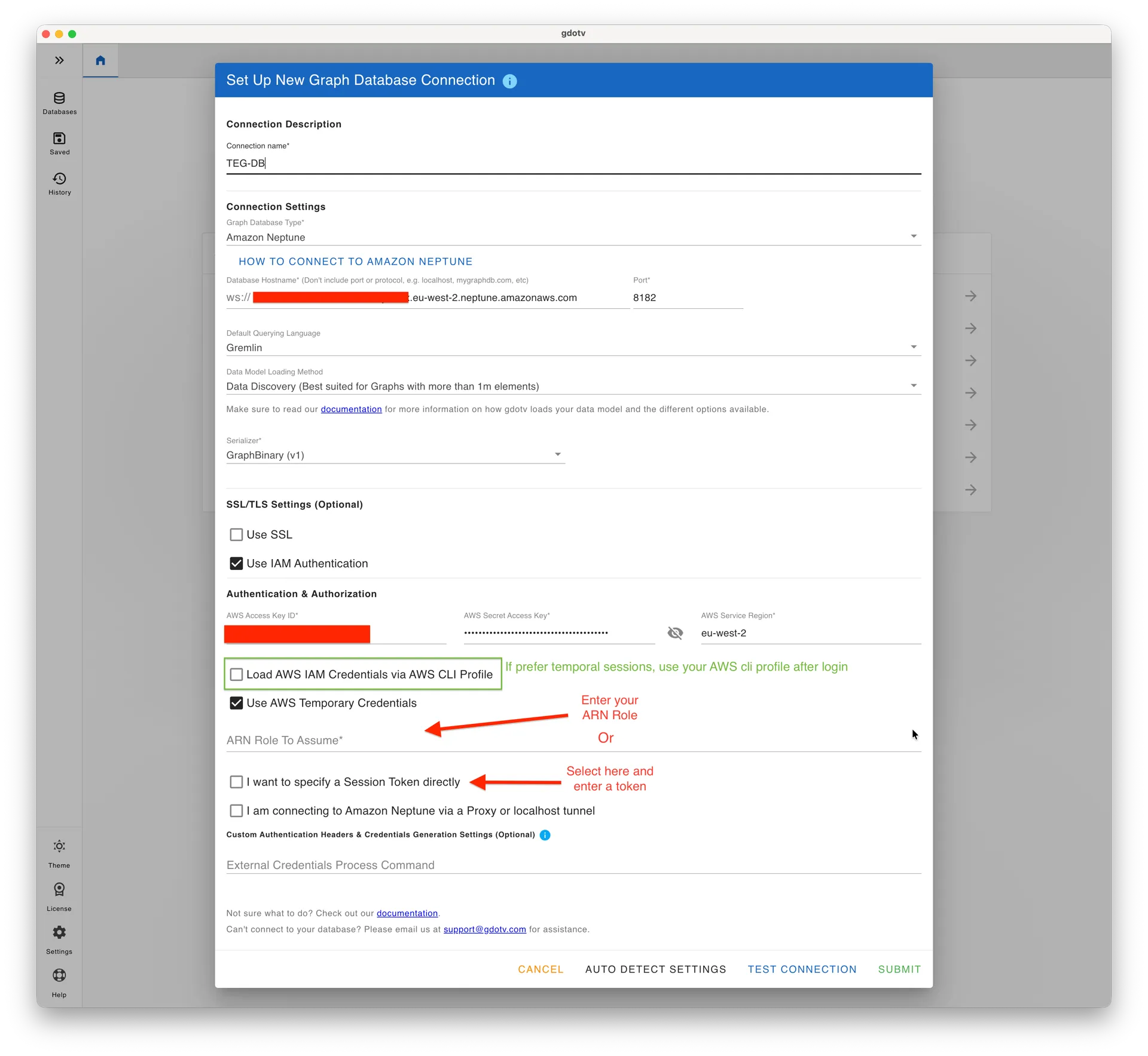gdotv neptune connection aws iam credentials