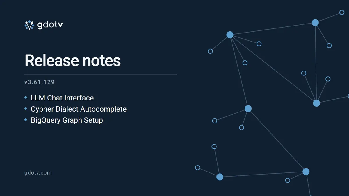 gdotv release notes v3.61.129: LLM Chat Interface, Cypher Dialect Autocomplete, BigQuery Graph Setup