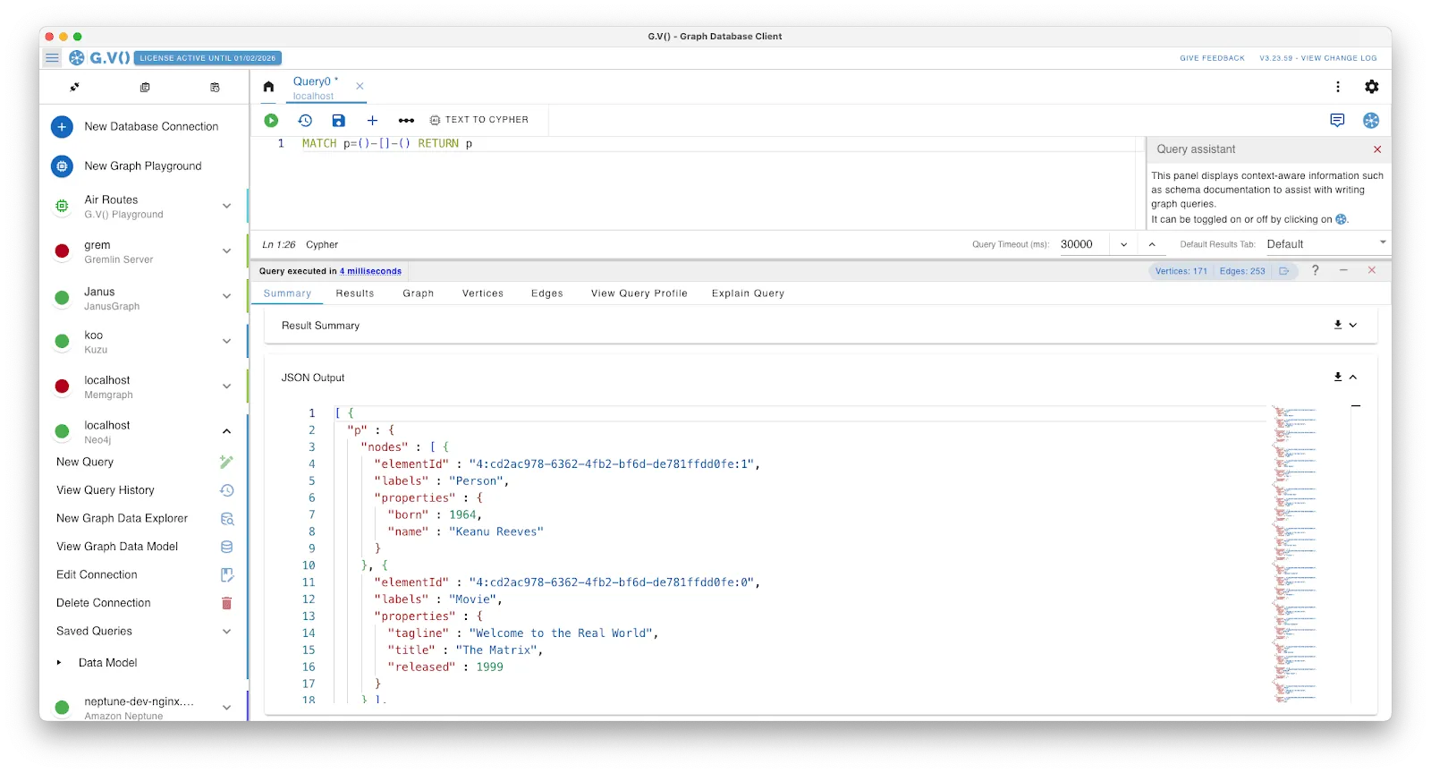 Viewing the JSON output of a Cypher query on gdotv