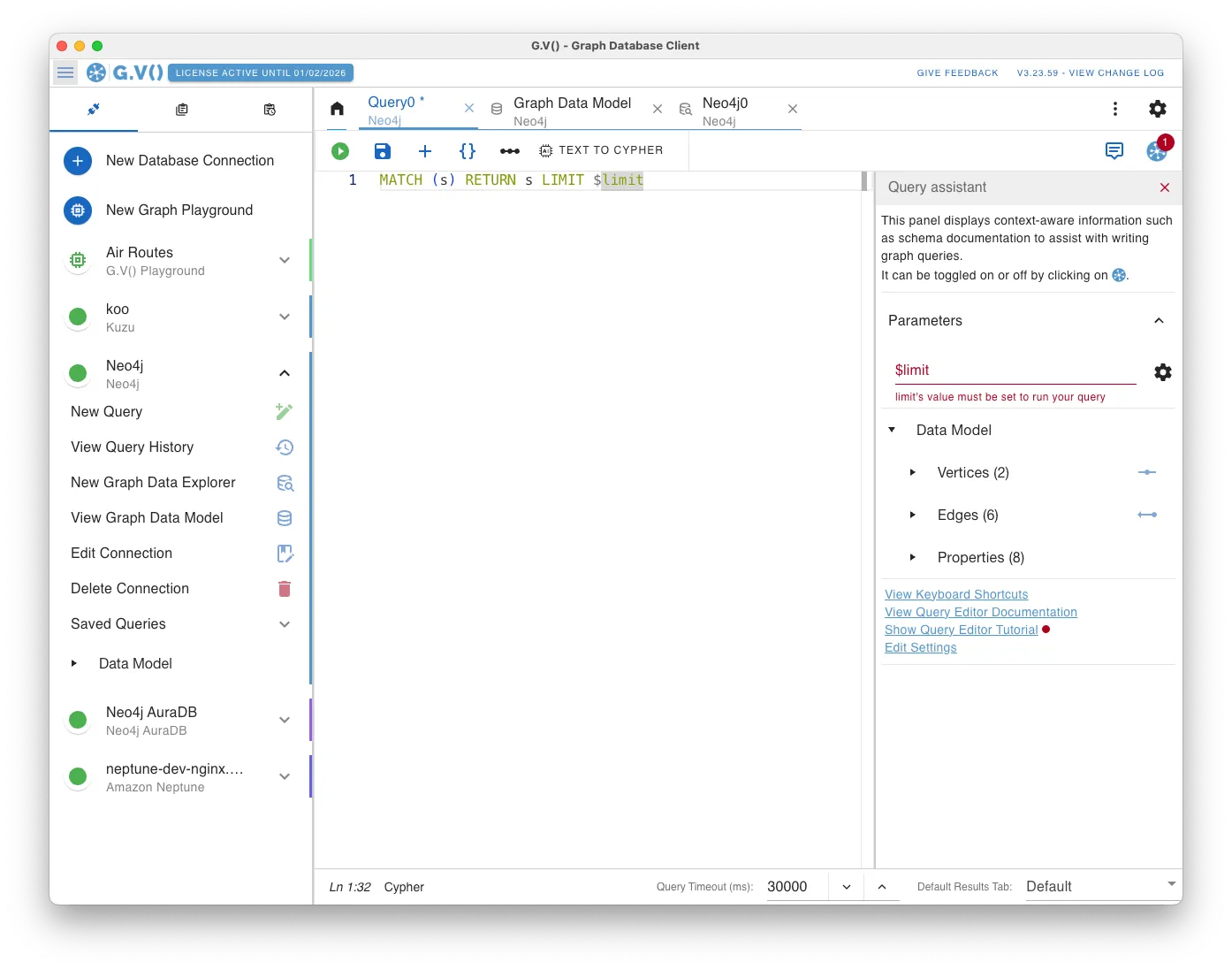 gdotv intuitively handles Cypher query parameters directly from the user interface.