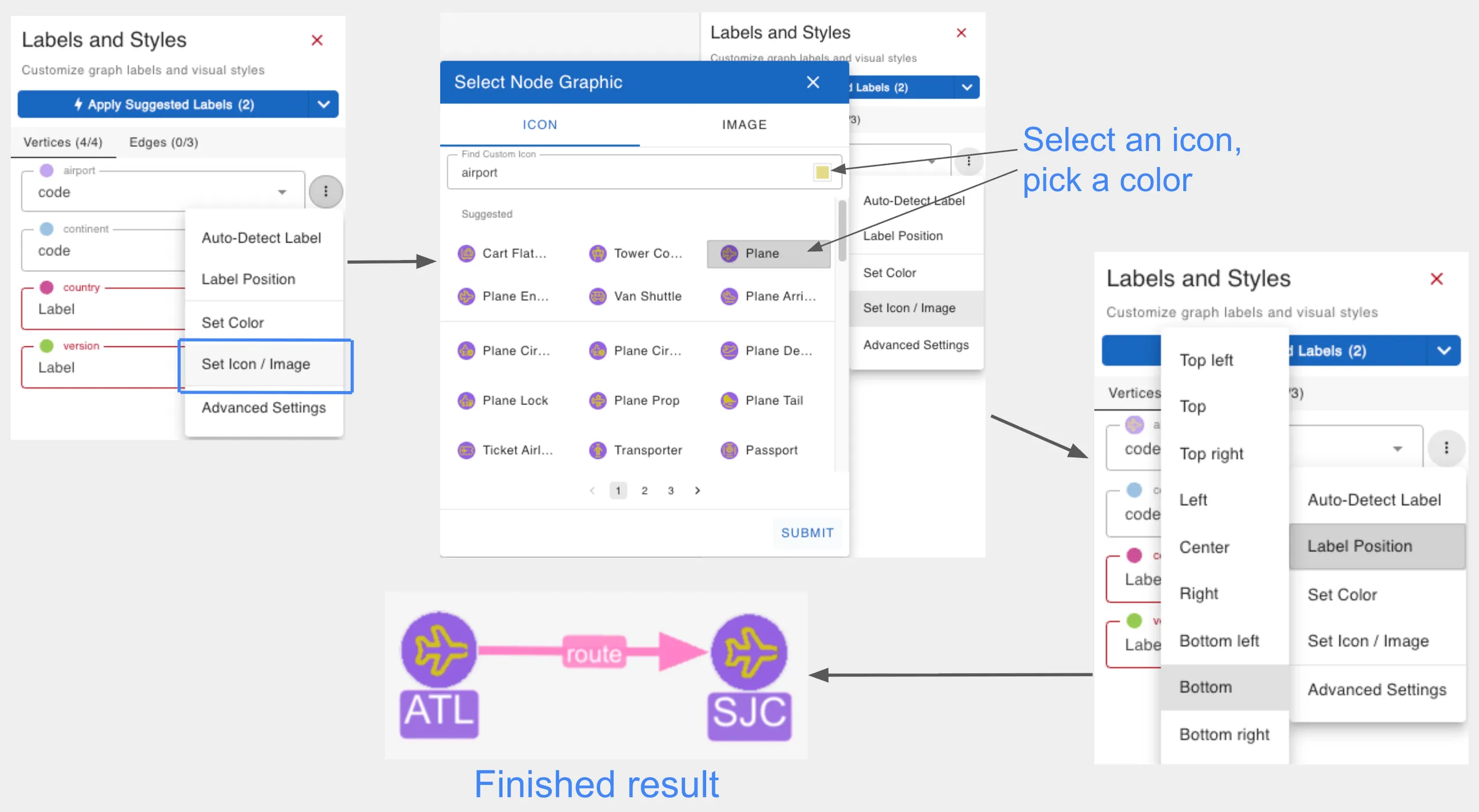Assign a Font Awesome icon to graph nodes, pick a color, and set label position in gdotv