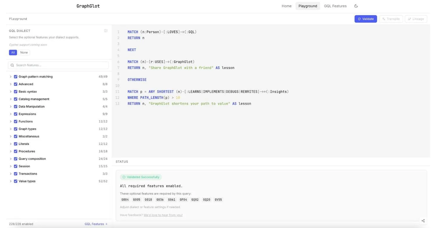 GraphGlot: a playground for Graph Query Language (GQL)