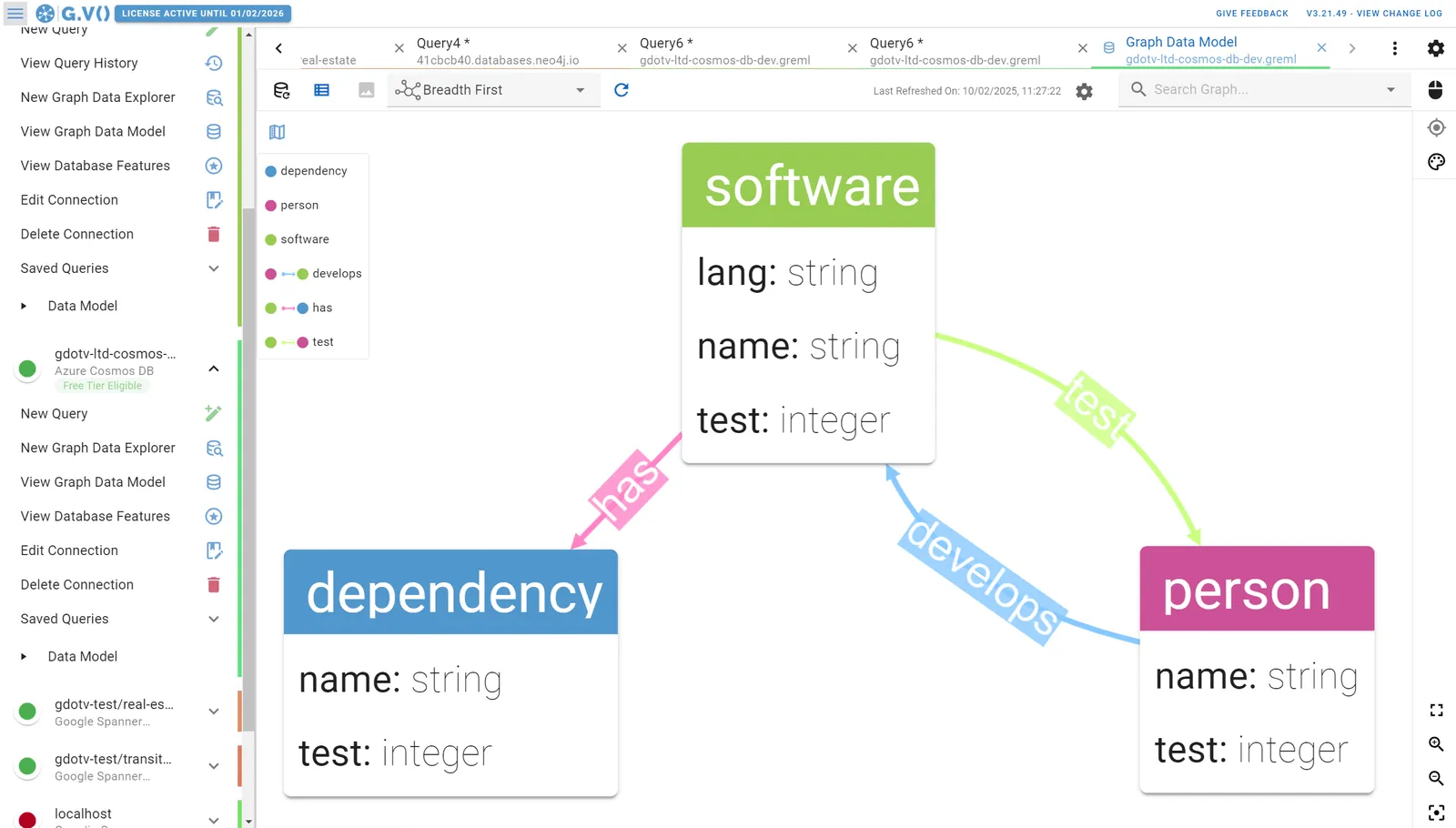 Viewing an Azure Cosmos DB graph data schema on gdotv