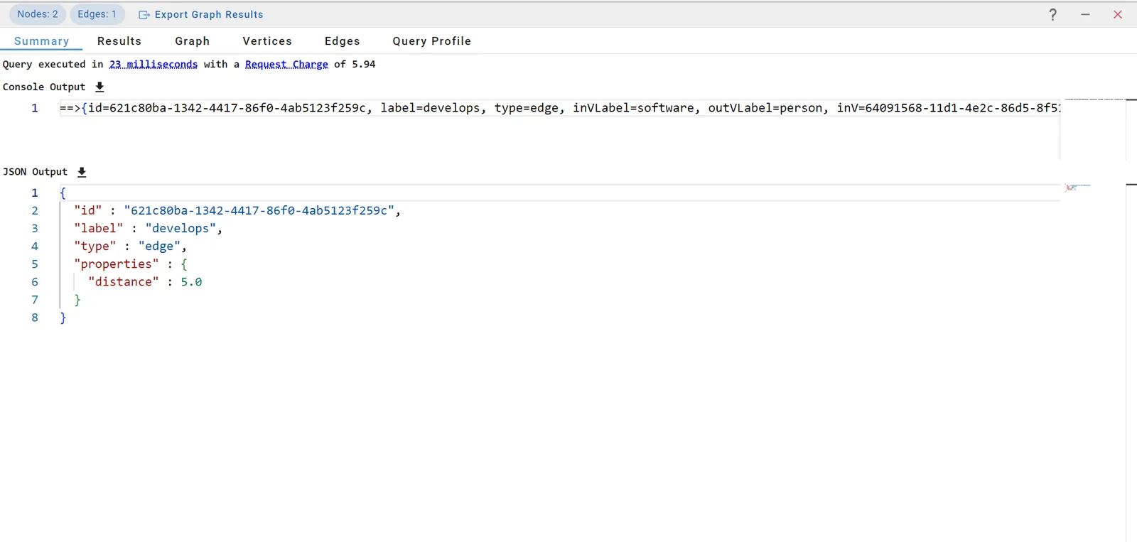 JSON output display of a query run on Azure Cosmos DB with gdotv
