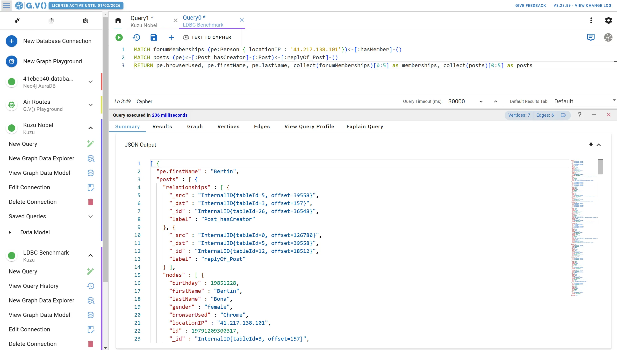 Browser Cypher query results from Kuzu in plain JSON using gdotv