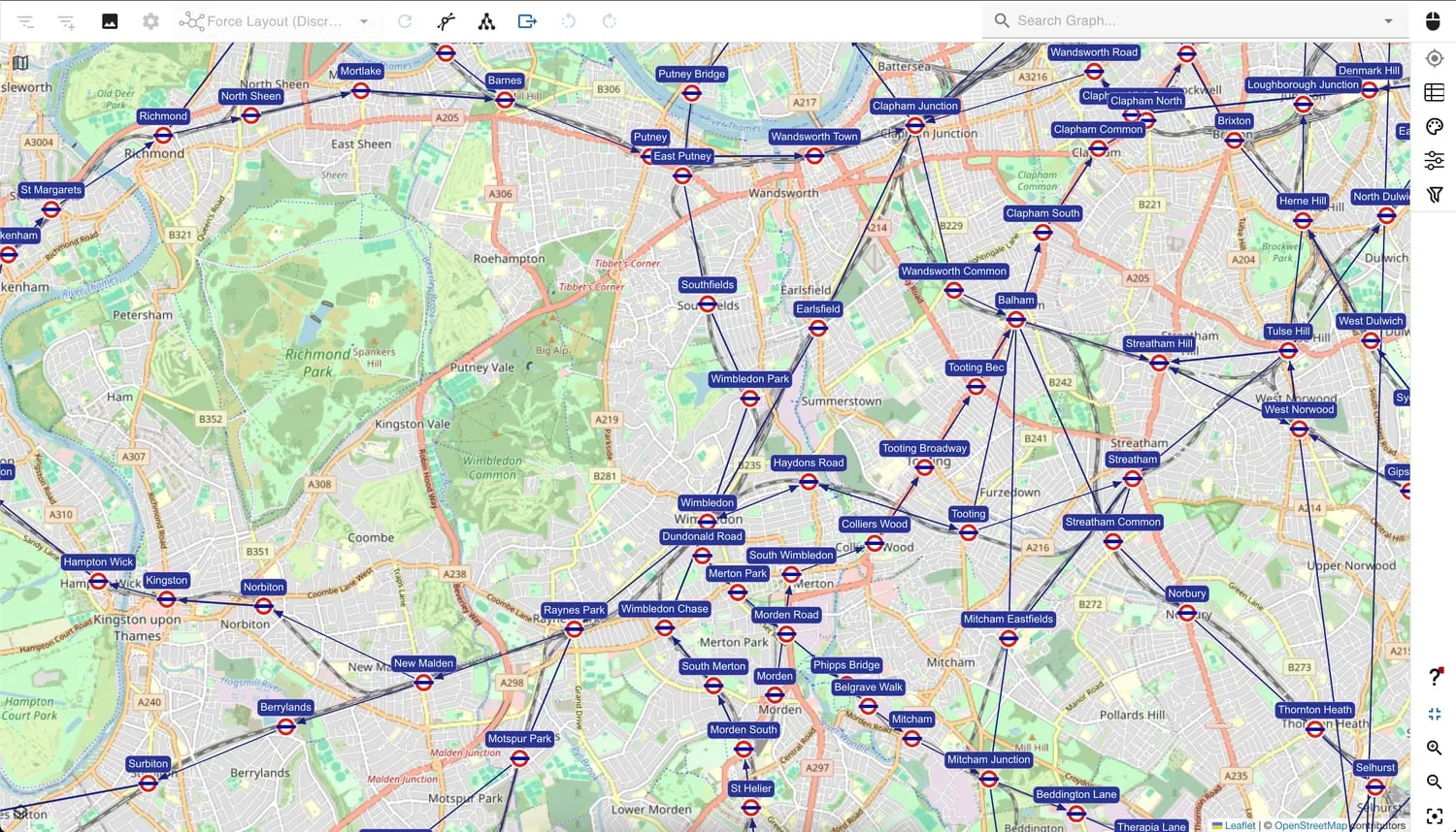 A map view of the London Underground network on gdotv