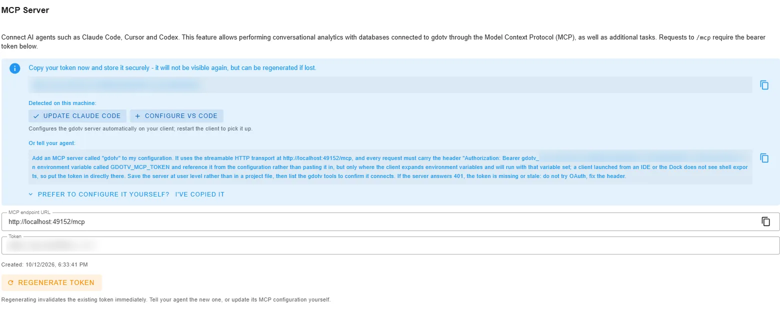 Settings › MCP Server on gdotv Desktop after generating a token, with Update Claude Code and Configure VS Code under Detected on this machine