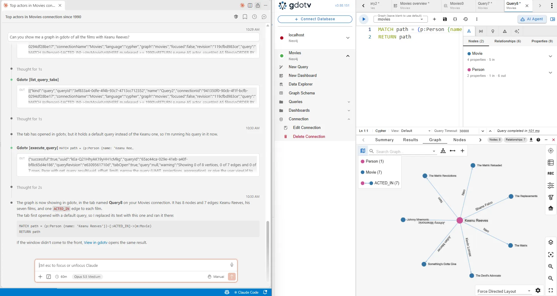 The MCP client alongside gdotv, showing how an LLM can produce visualizations in gdotv in response to a natural language prompt.