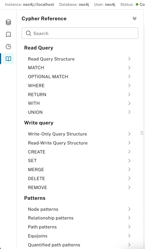 A sample documentation display of the Cypher query language from Neo4j Browser