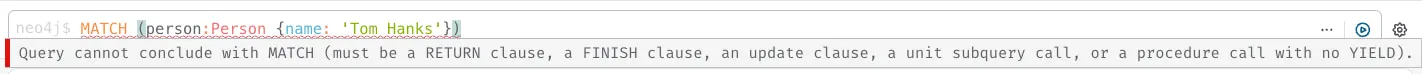 A syntax validation error display for a Cypher query on Neo4j browser