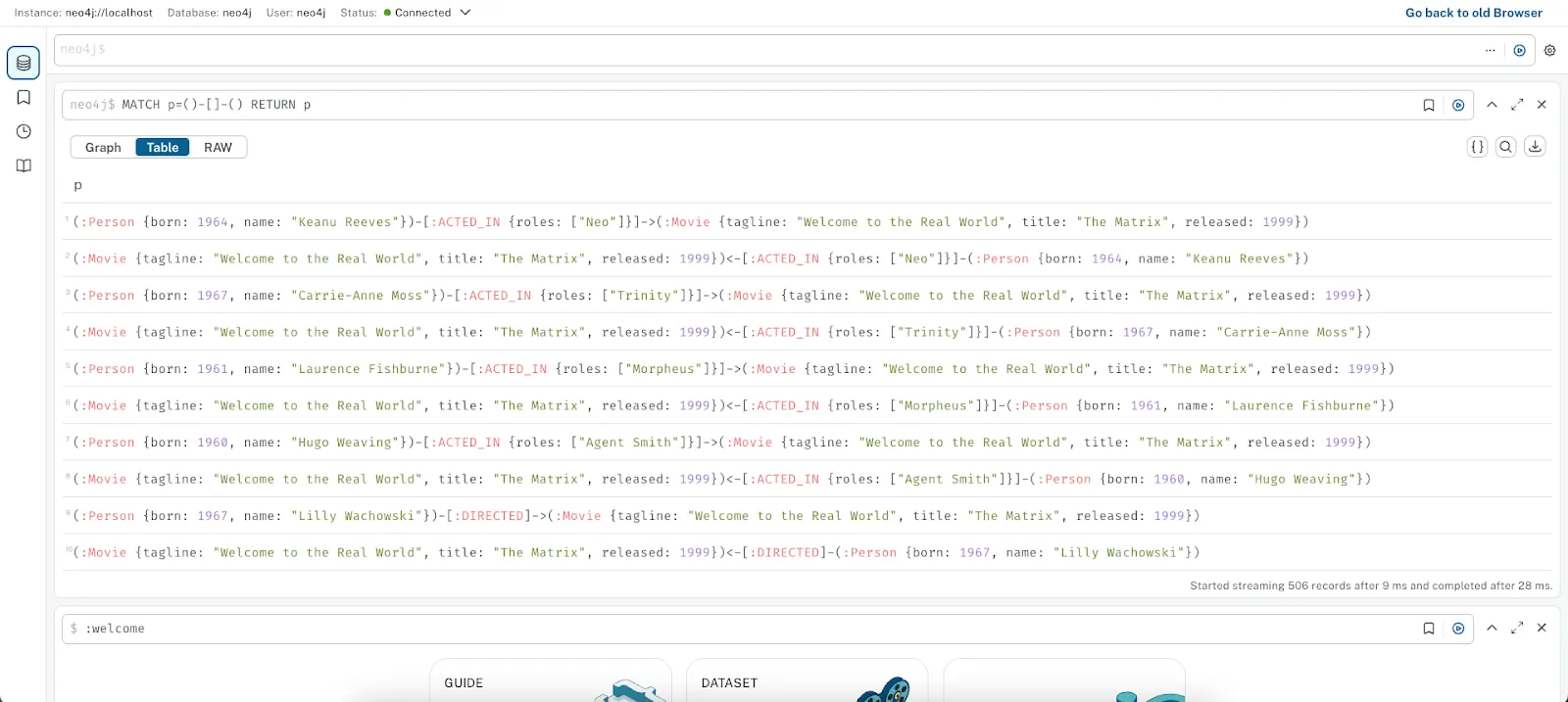 Neo4j Browser Cypher query results in table format
