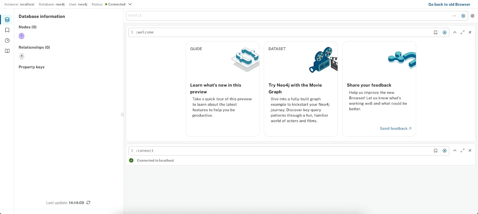 The Neo4j Browser welcome screen