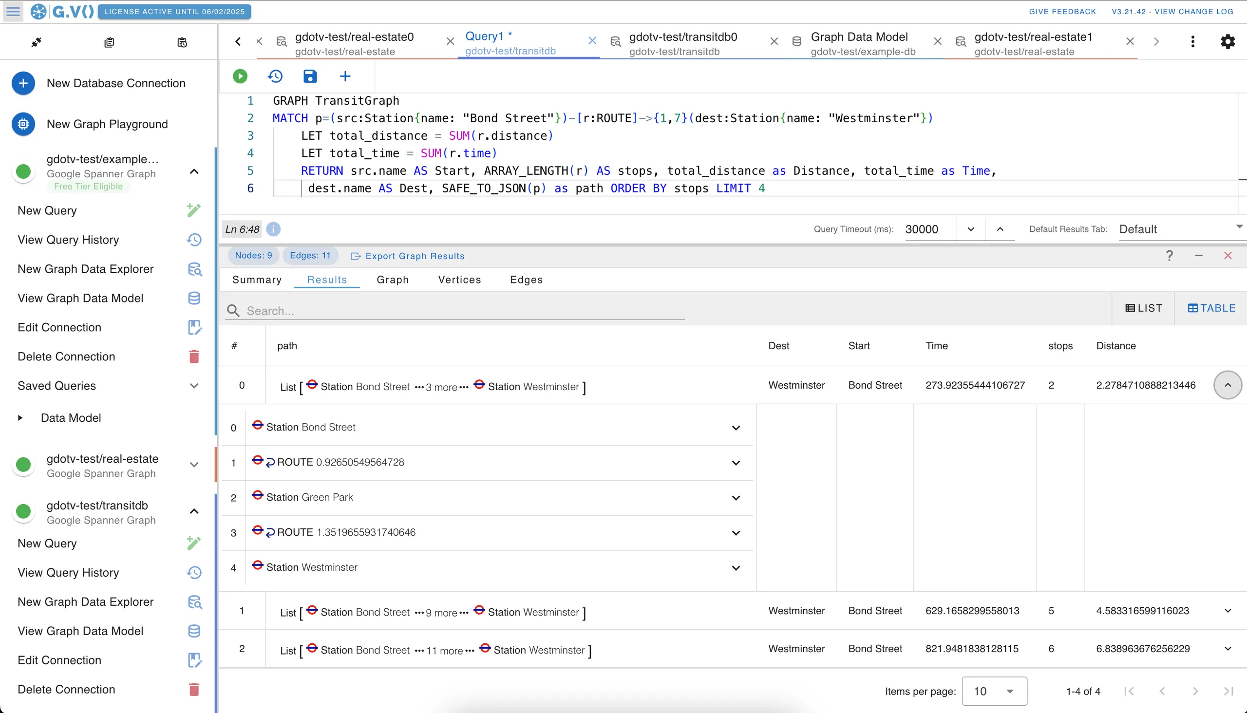 Object browser view of Google Cloud Spanner Graph data