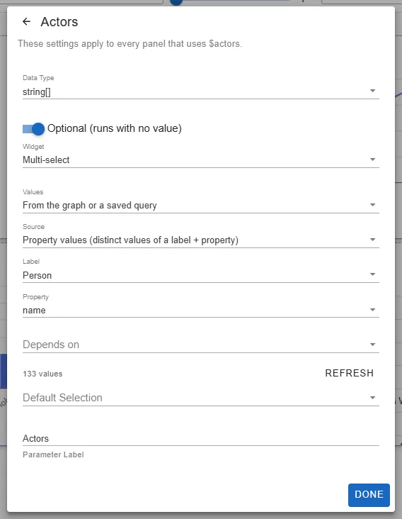 The settings of an Actors parameter, with its values taken from the name property of Person nodes and a count of 133 values